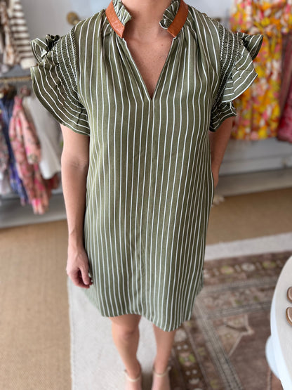 OLIVE FLUTTER SLEEVE STRIPED DRESS