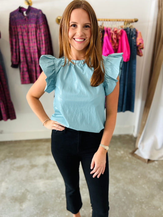 LIGHT BLUE RUFFLE SLEEVE LEATHER TOP