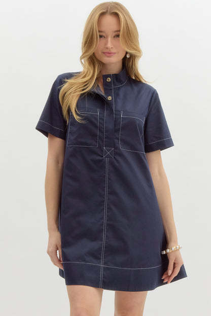 NAVY POCKET SHIFT DRESS