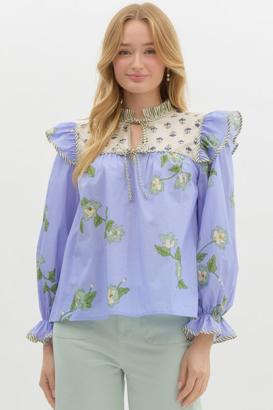 BLUE MIXED PRINT BLOUSE