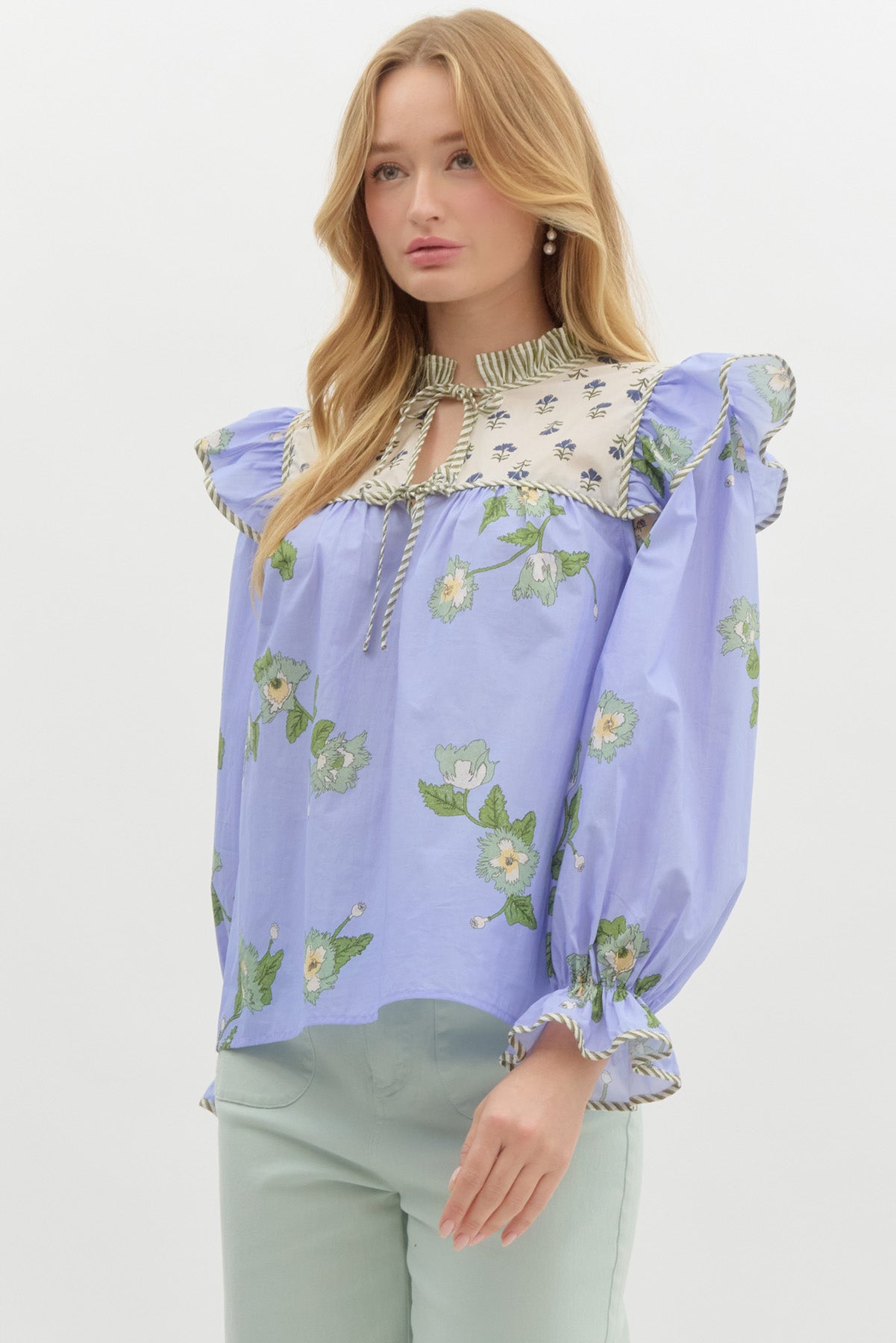 BLUE MIXED PRINT BLOUSE