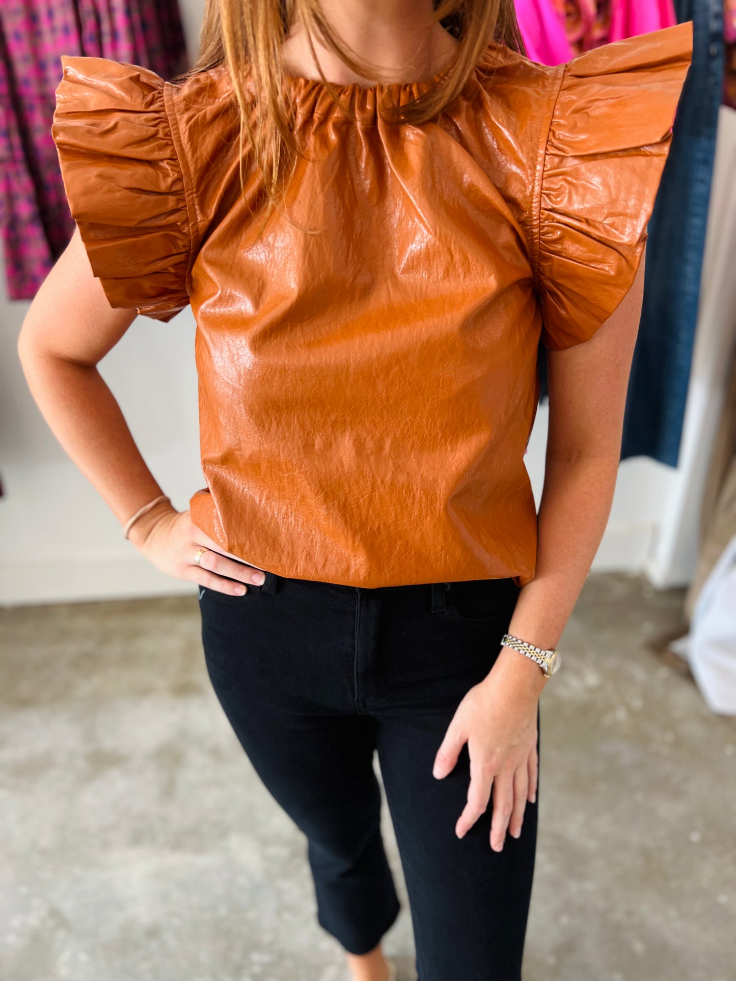 CARAMEL RUFFLE SLEEVE LEATHER TOP