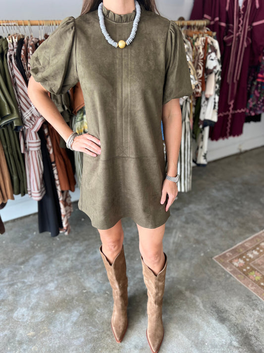 OLIVE SUEDE SHIFT DRESS