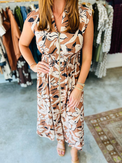 CARAMEL PRINT ZIP UP DRESS