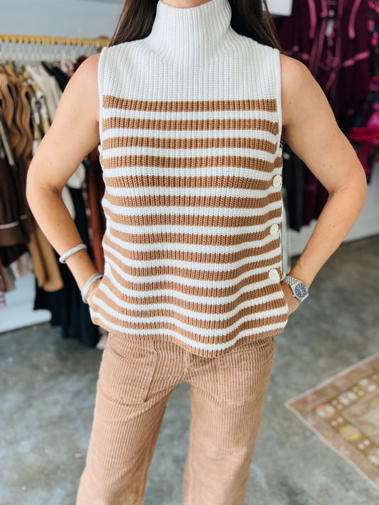 CREAM STRIPED KNIT SLEEVELESS SWEATER