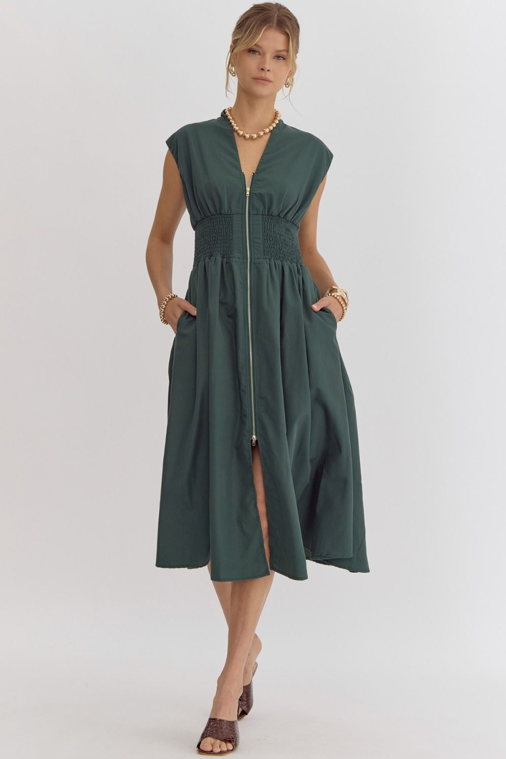 Green Smock Waist Zip Up Dress